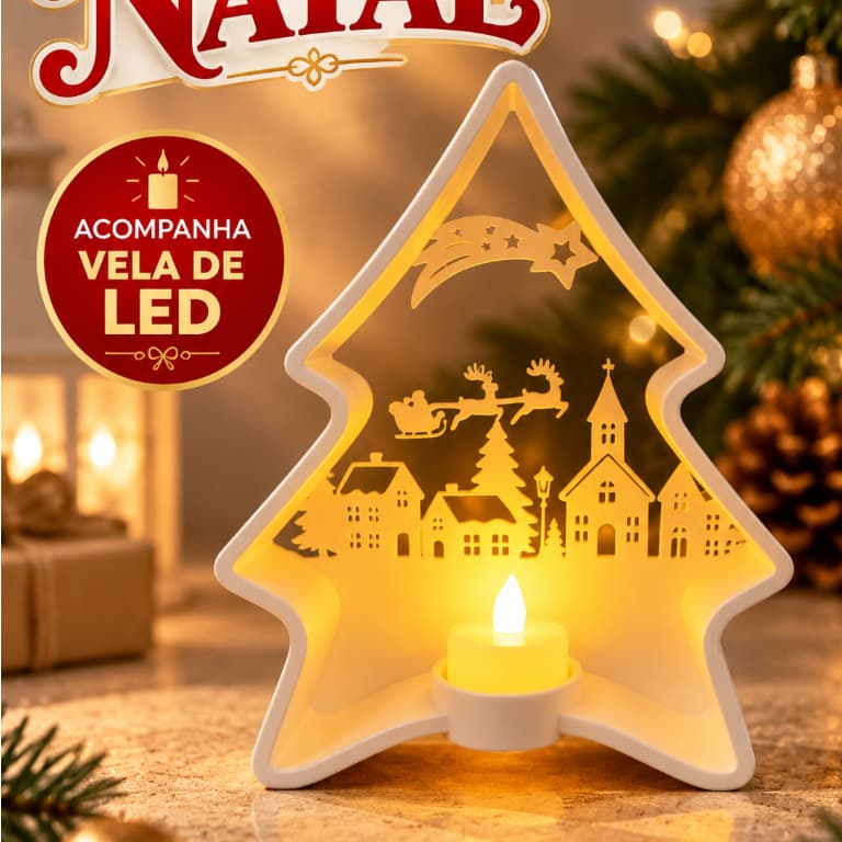Árvore de Natal com LED 22cm Decoração Natalina Luminária Enfeite de Mesa Natalino com Vela LED