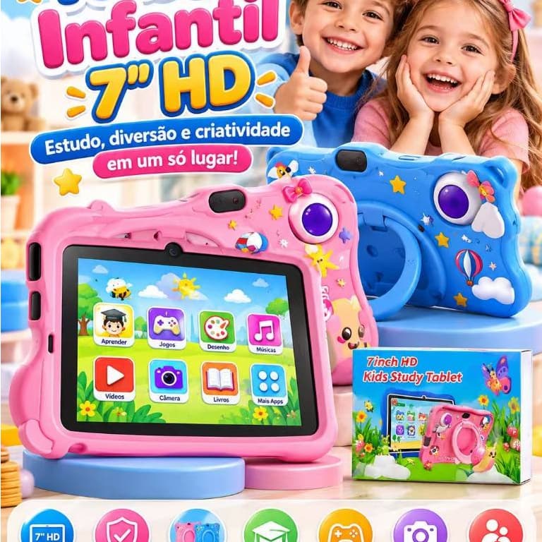 Tablet Infantil 7 Polegadas HD com Capa Protetora Antichoque, Tablet Educativo para Crianças, Estudos Jogos e Vídeos64GB