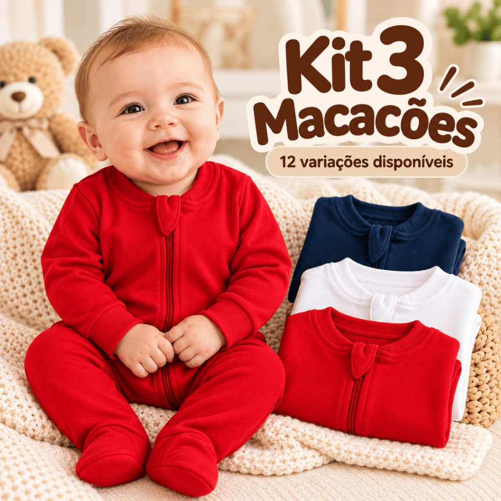 Kit 3 Macacões Bebê Suedine com Zíper Manga Longa RN P M G Enxoval