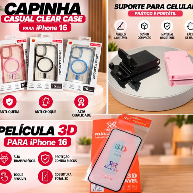 Kit Capinha MagSafe para iPhone 16 | Capinha | Capinha + Película | Capinha + Película + Suporte celular