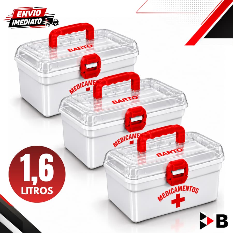 Kit 3 Caixas De Primeiros Socorros 1,6 Litros Organizadora Maleta Com Travas Multiusos