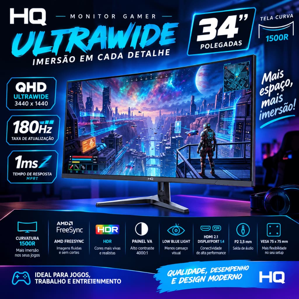 Monitor Gamer HQ 34" Curvo Ultrawide QHD 180Hz 1ms FreeSync HDMI DP