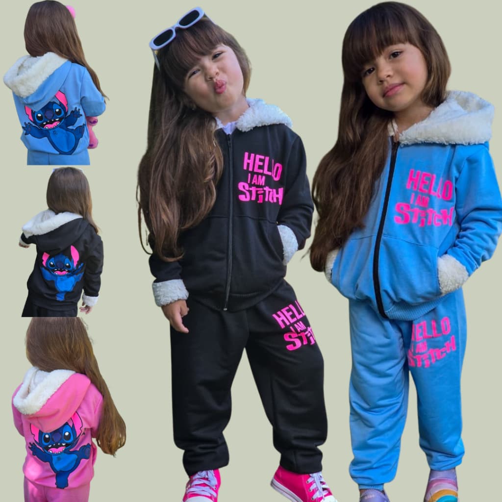 Conjunto Stitch Infantil Feminino de Moletinho com Capuz e Punho de Sherpa