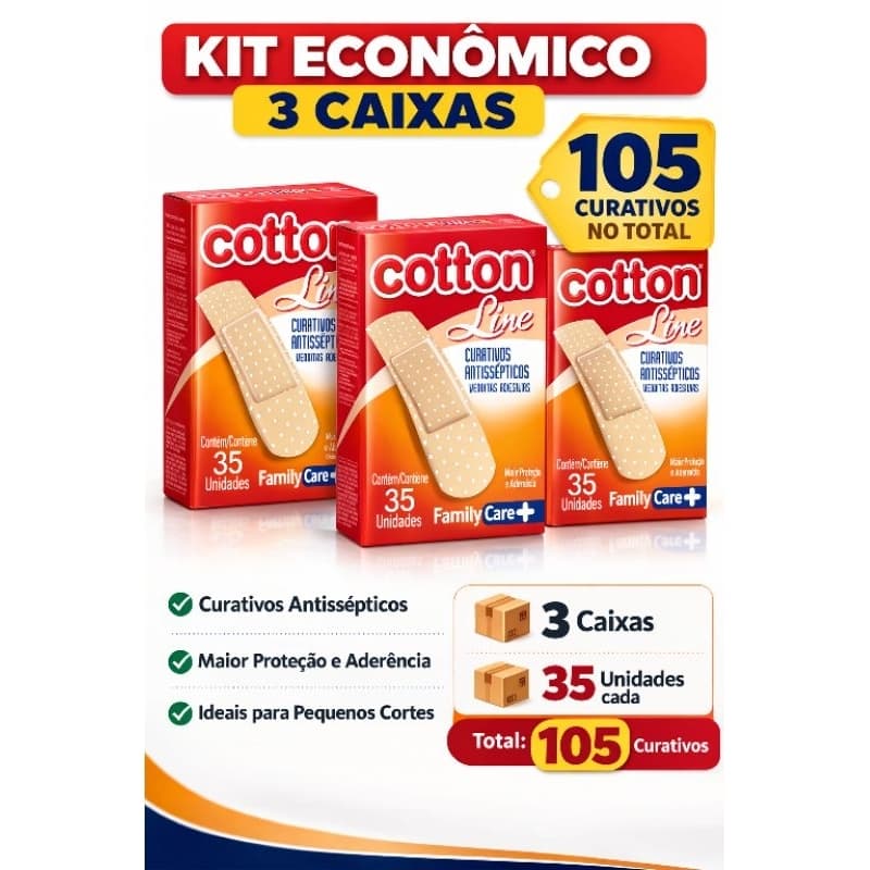 Kit 3 Curativos Antissépticos Cotton Line Family Care 105 Unidades – Bandagem Adesiva Proteção para Cortes