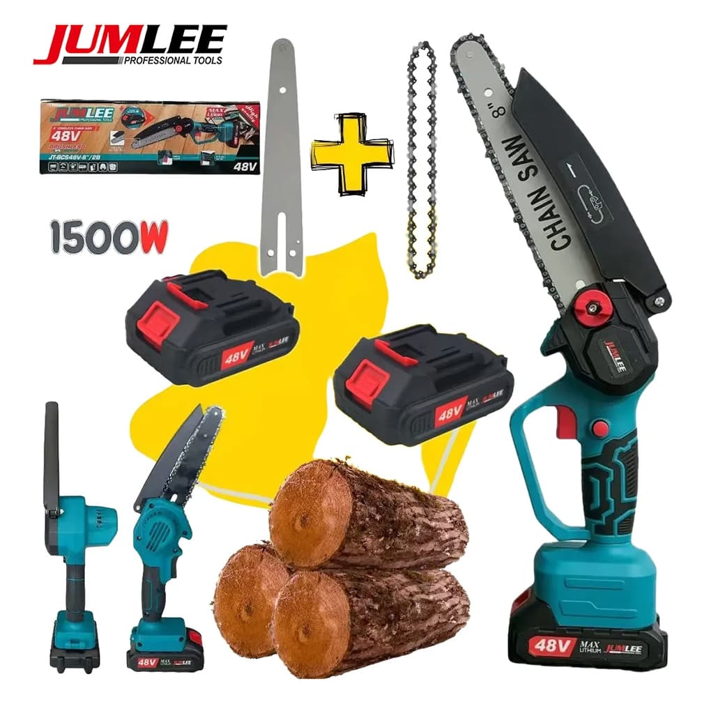 Mini Motosserra Eletrica 48V Brushless 6" e 8"Pol Com 2 Baterias Sem Fio Para Poda Madeira Jardim JUMLEE
