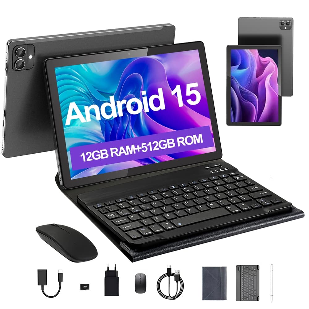 3 em 1 Tablet, 12GB RAM+512GB com Capa/Teclado/Mouse,16MP + 32MP, Android 15, 10000mAh