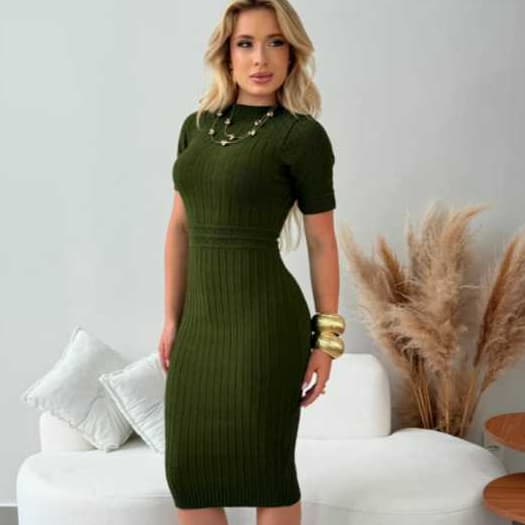 Vestido Feminino Midi Vestido Tricot Modal Tubinho Manga Curta Moda Evangélica Feminina Elegante