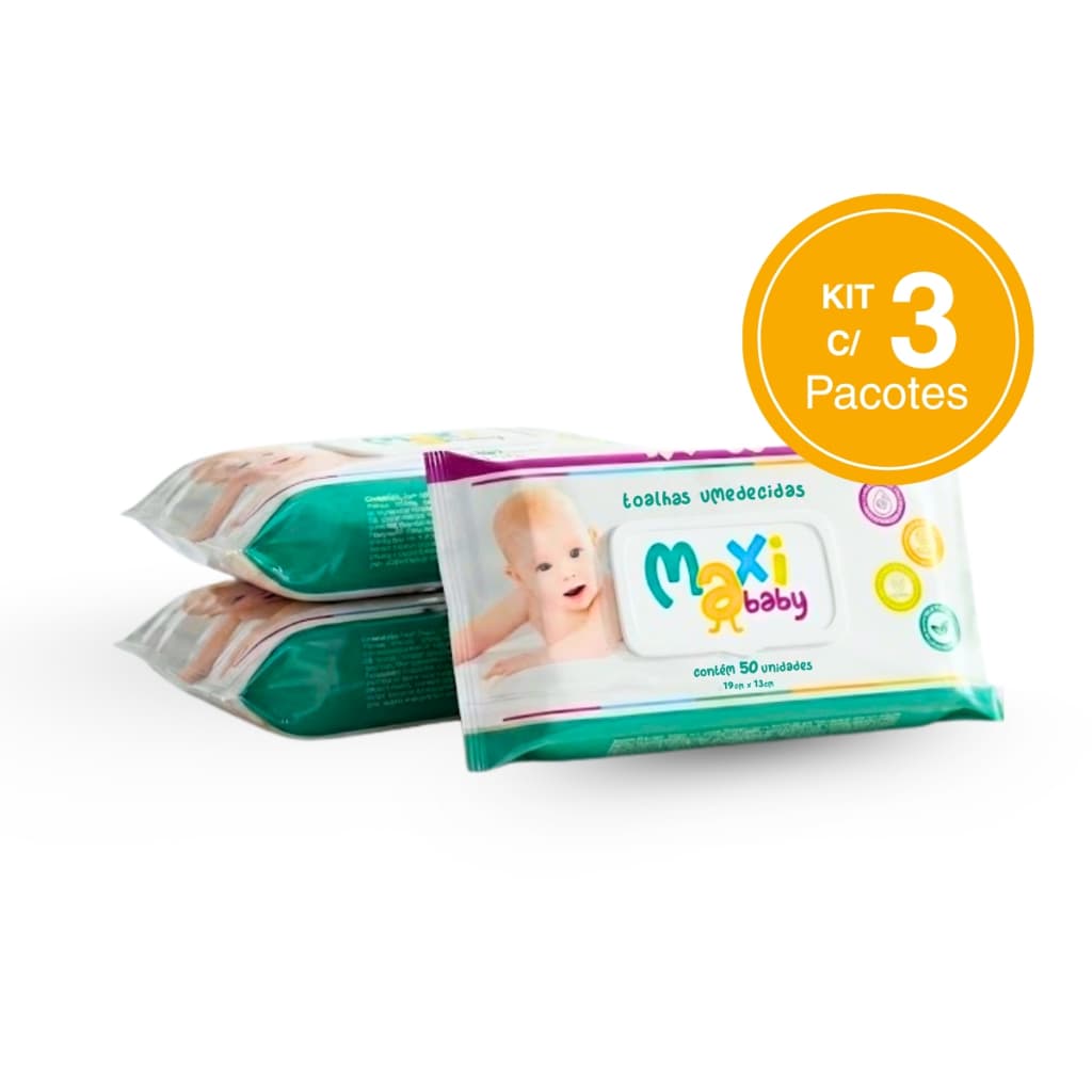 Kit com 3 Toalhas Lenços Umedecidos Hipoalergênico 50un Cada Maxi Baby