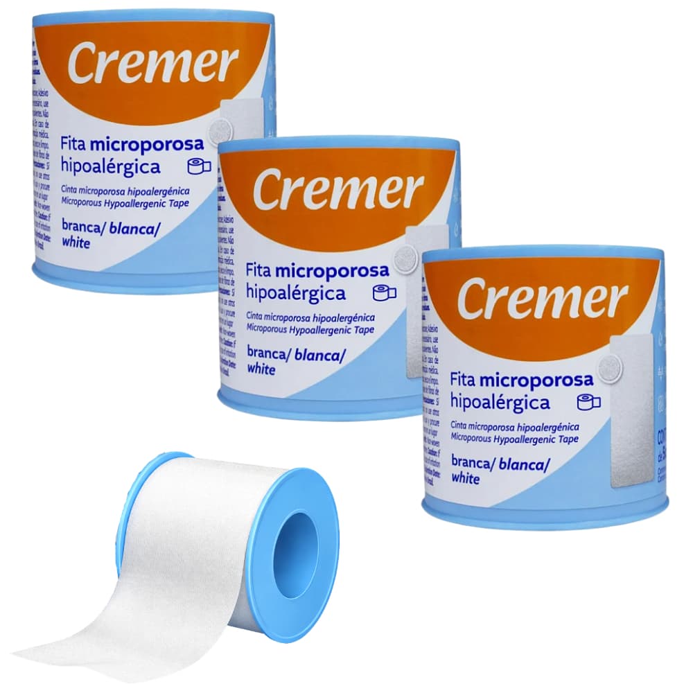 Kit 3 Fita Micropore 5cm x 10m Cremer Branco Hipoalergênica Fita Cirúrgica Pele Sensível