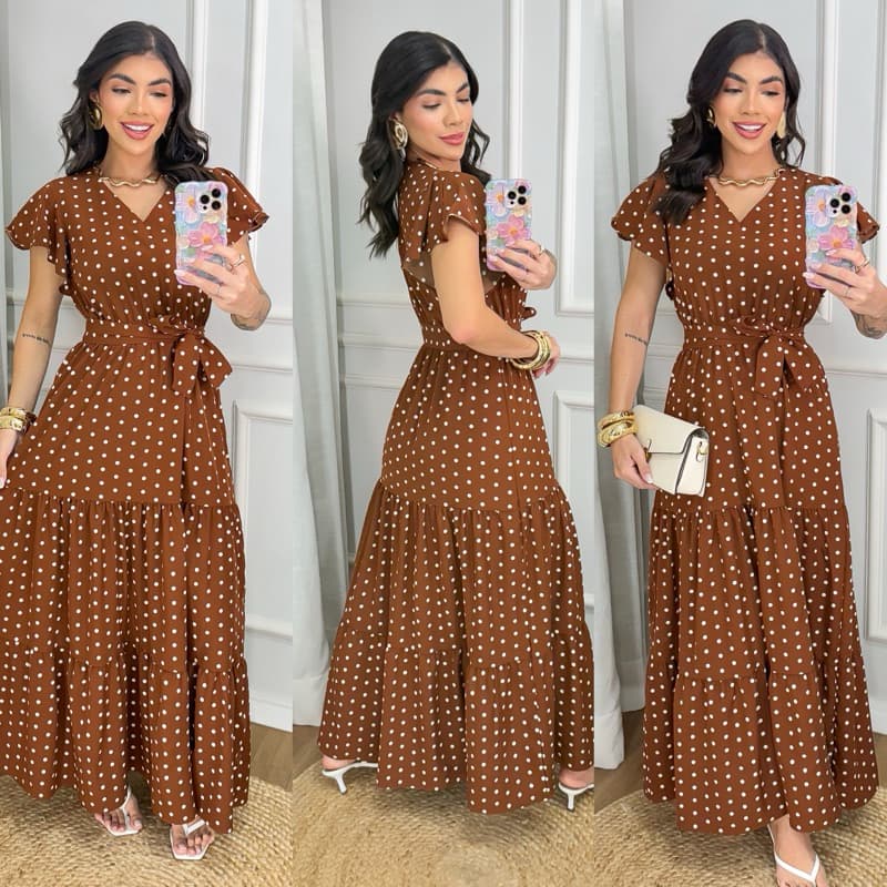 vestido longo evangélica feminino manga curta babado estampa bolinhas