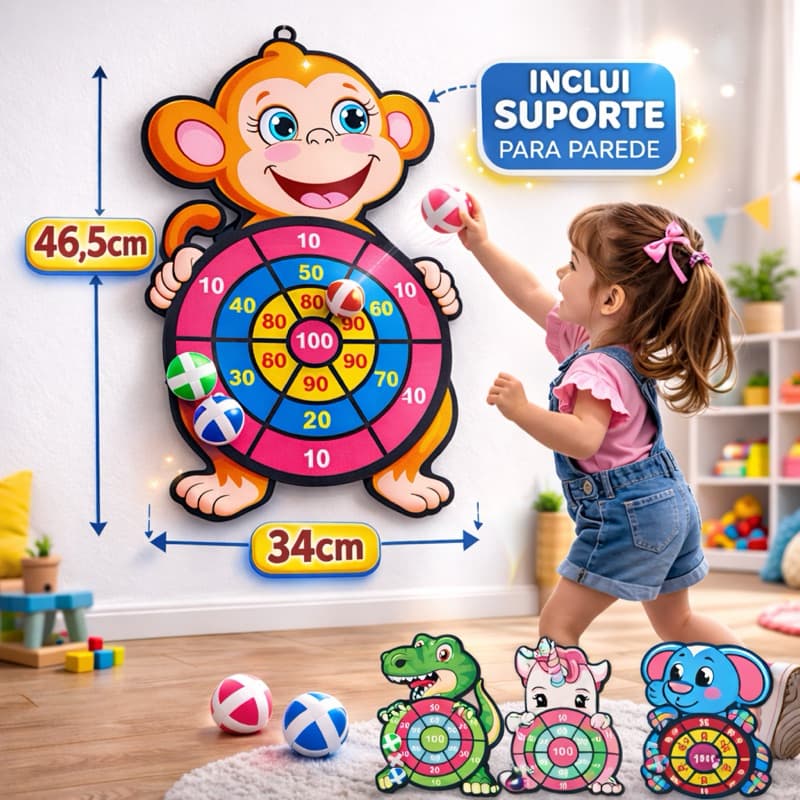 Jogo Acerte o Alvo Educativo Infantil Velcro com Bolinhas + Suporte Parede Brinquedo