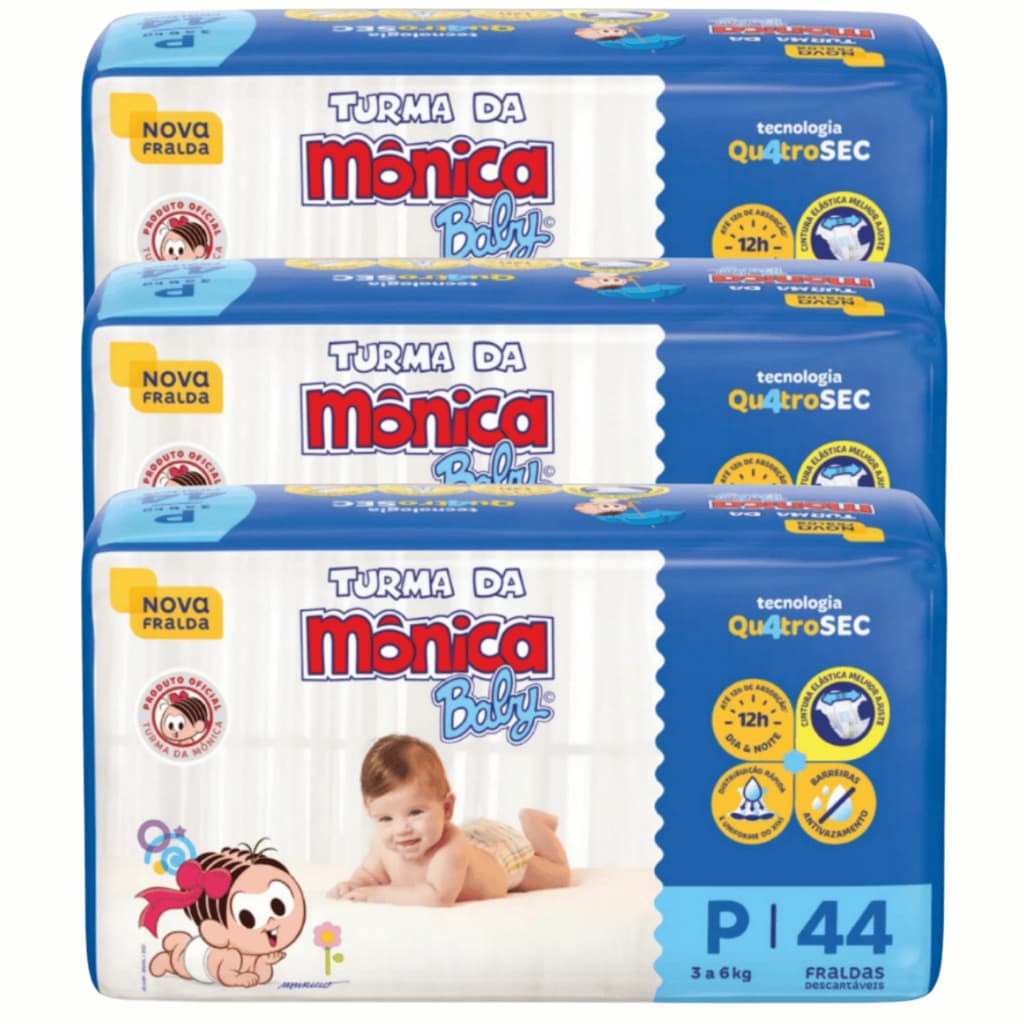 Kit 3 Pacotes de Fraldas Descartaveis Turma da Monica Baby  P (3 a 5 kg) 44 FRALDAS  cada