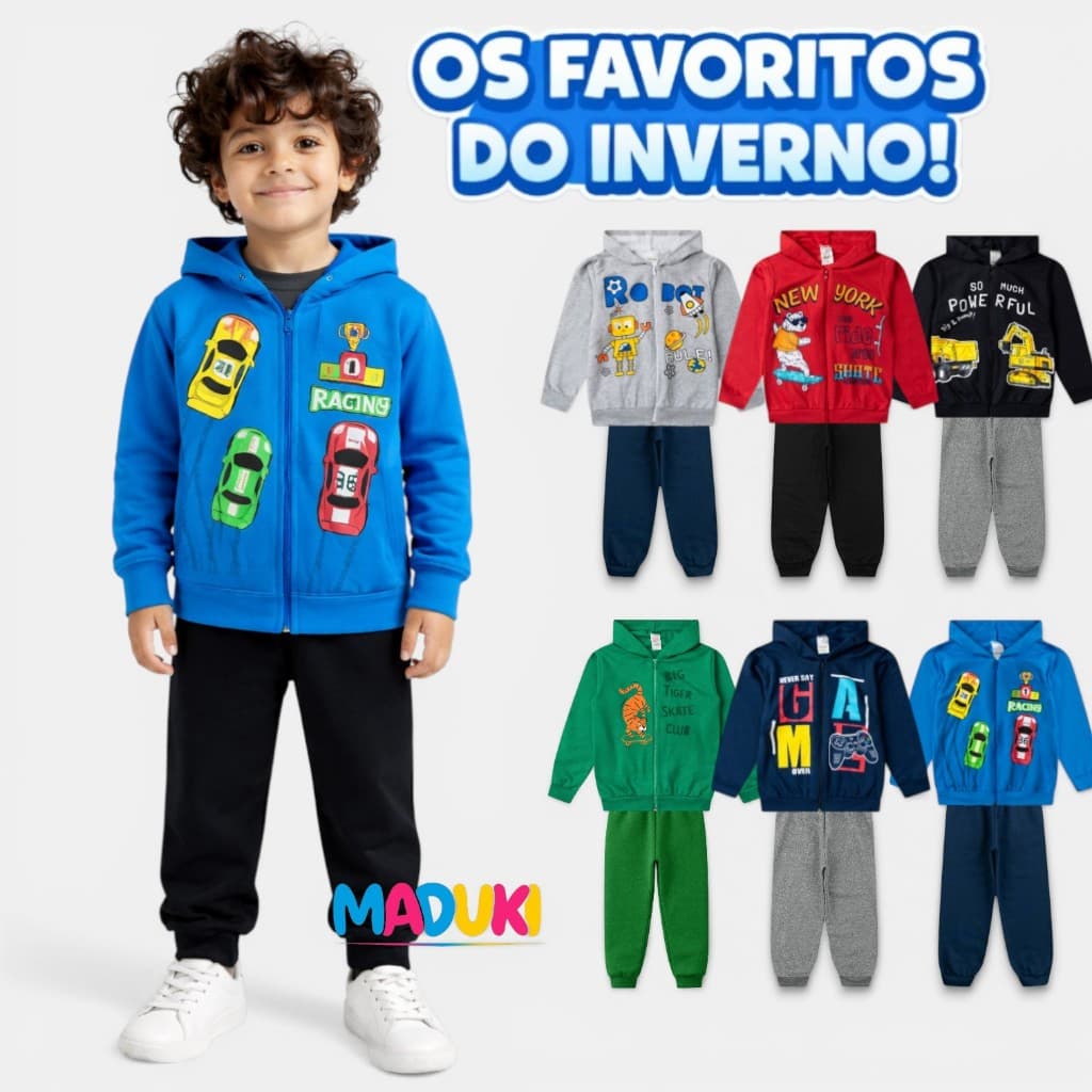Kit 6 Peças Moletom Jaqueta com Capuz e Zíper e Calça Menino Infantil Masculino Inverno