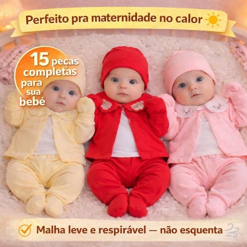 Kit 3 Pagão Recem-nascido Gola Bordada com 15 peças Enxoval de bebê Menina