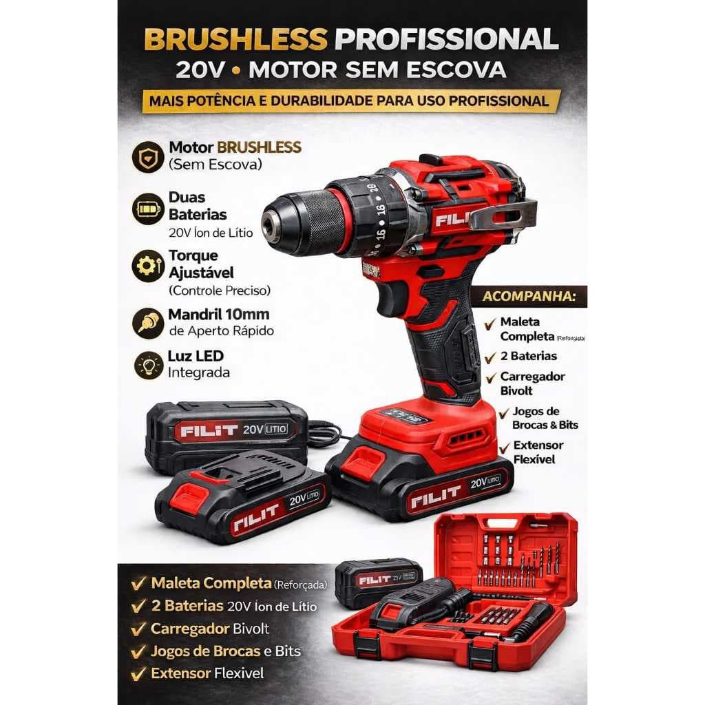 Parafusadeira e Furadeira 21V Brushless (Sem Escova) + 2 Baterias + Maleta Completa