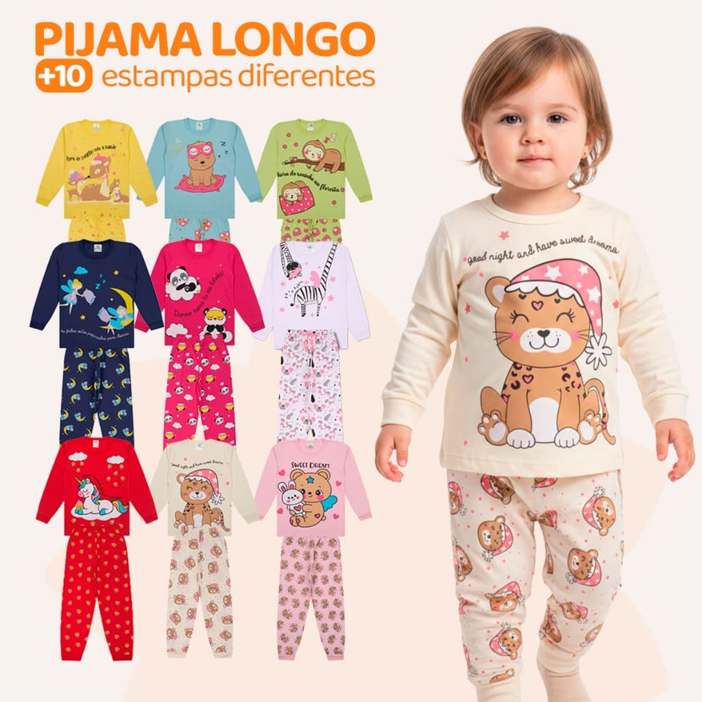 Kit Sortido 2 ,6 ou 10 Peças Pijama Manga Longa Bebê Menina Infantil Feminino de Algodão Roupa de Dormir