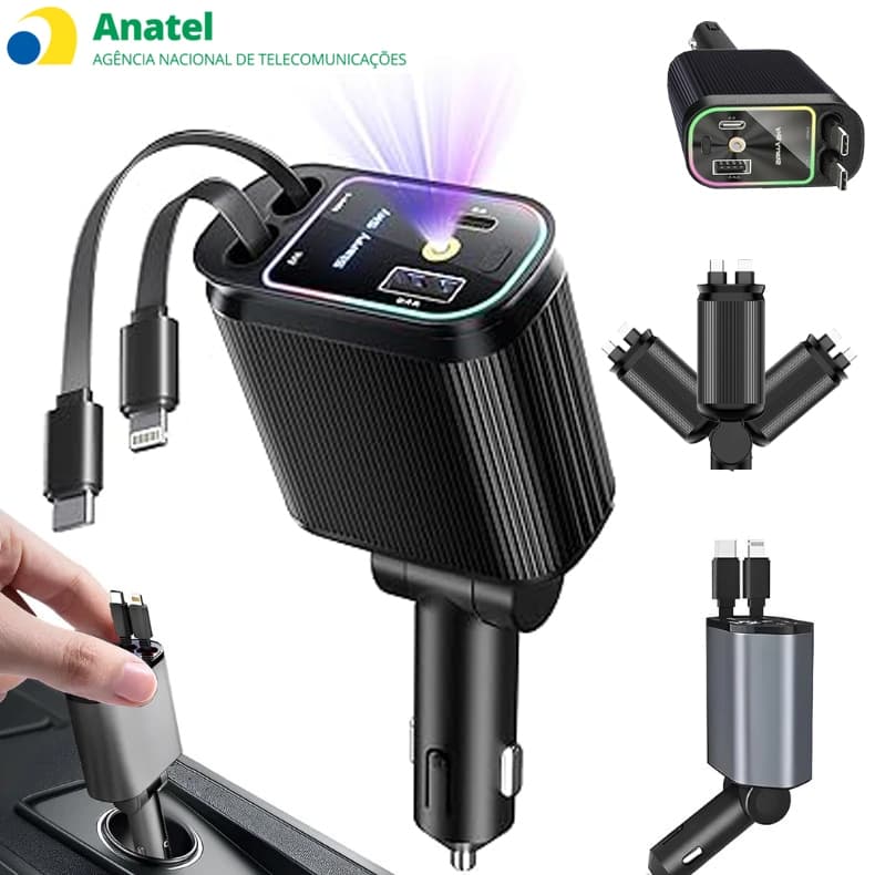 Carregador de Carro 120w 4 Em1 Carregador rápido Tipo C USB+cabo com LED Starry Sky Carregador Veicular