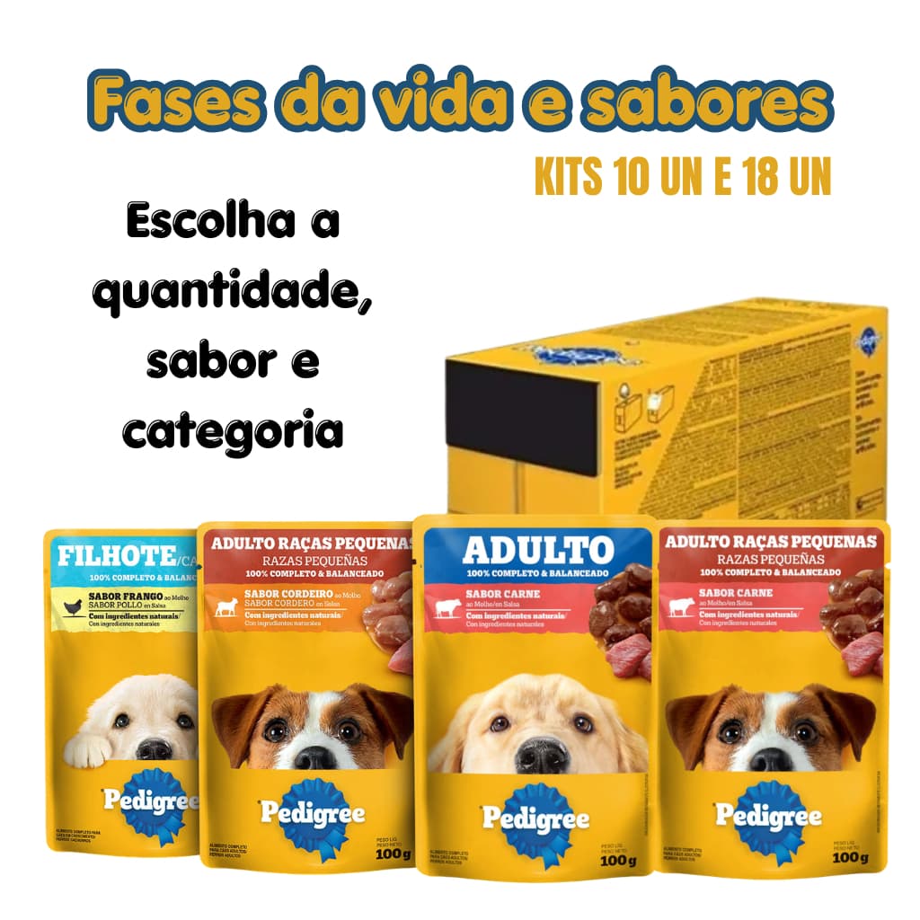 PEDIGREE SACHÊ RAÇÃO ÚMIDA FASES DA VIDA E SABORES 100GR KIT 10 OU 18 UND