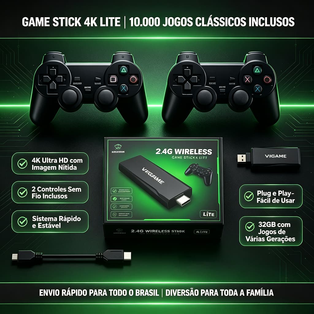Game Stick 4K Lite 32GB com 10.000 Jogos Retro | Video Game Plug & Play HDMI | Controle Sem Fio