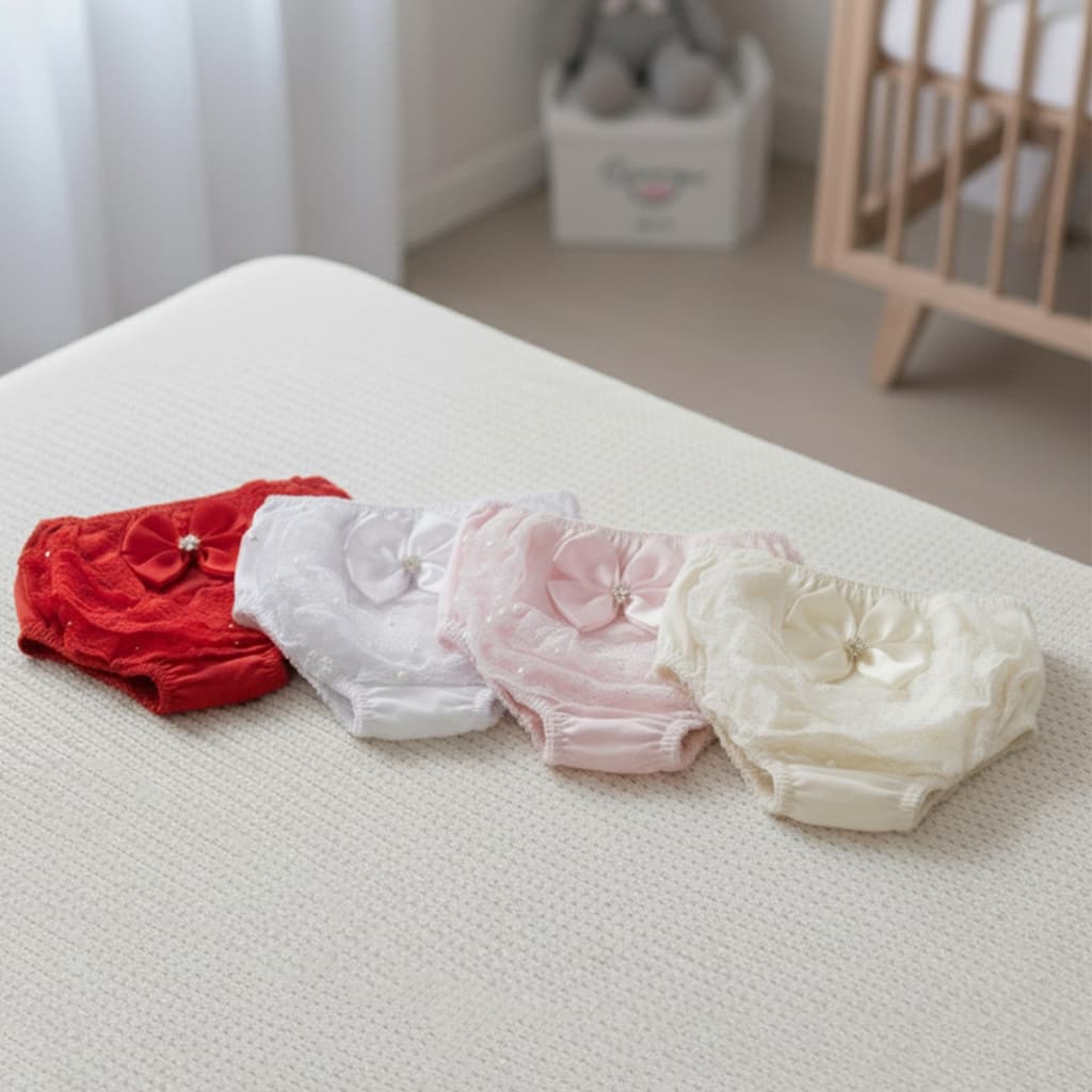 Calcinha Bunda Rica Kit 3 Tapa Fralda Bebê com Babado de Renda e Laço de Cetim com Strass e Perolas