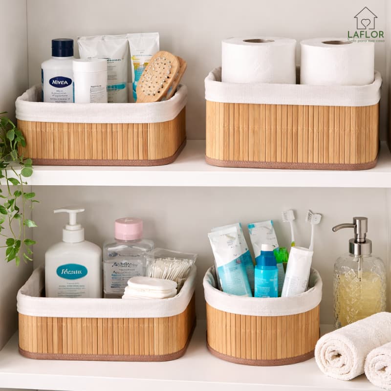 Kit 4 Cestos Organizadores de Bambu Multiuso com Forro De Armário Cozinha Banheiro Maquiagem Closet