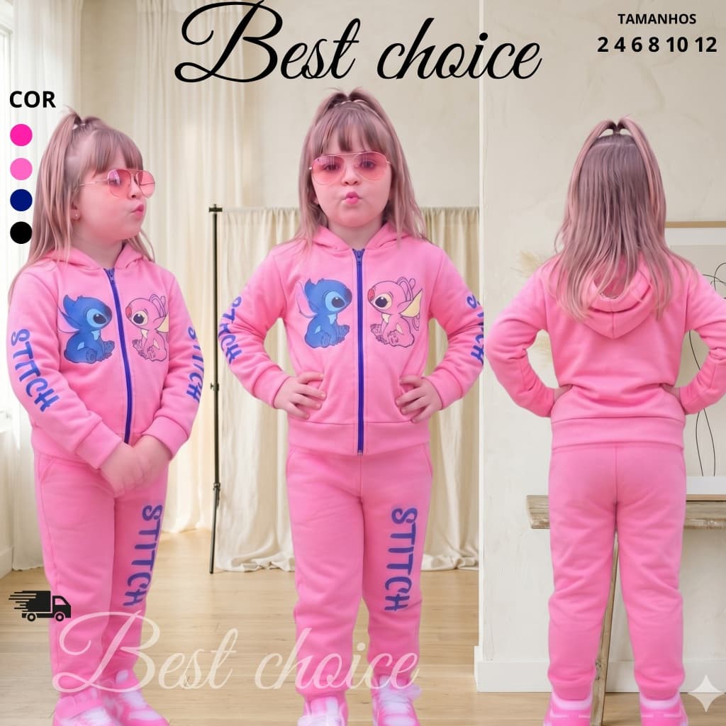 Conjunto Moletom Infantil feminino Franelado com Zíper e Capuz Estampado – Quentinho Inverno