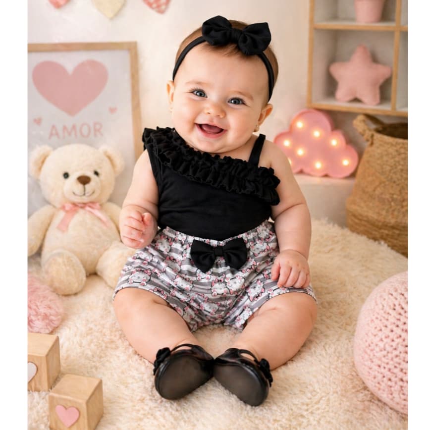 Conjunto Bebê Menina Blusa Mula Manca + Short Fofo Estampado Infantil Verão Lookinho Fashion 3 a 6 Meses