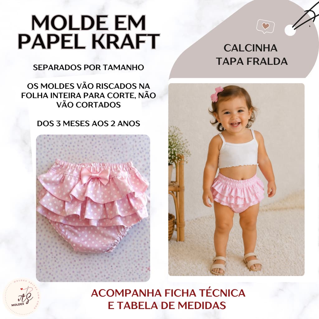 Molde em Papel Kraft para Costura Calcinha Tapa Fralda Separados por Tamanho para recorte