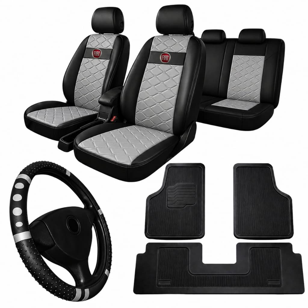 Capa Banco Automotiva Couro + Tapete Borracha + Volante FIAT Uno Palio Siena Strada Punto Linea Idea