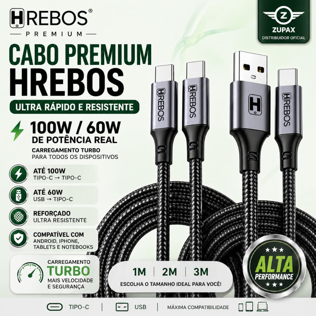Cabo Tipo C 100W | USB p/ Tipo C 60W | Turbo 1m 2m 3m | Android, iPhon 15 16 17 Tablet Notebook