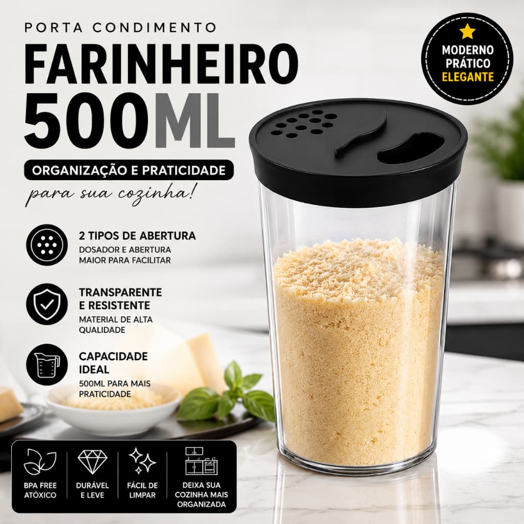 Porta Condimento Farinheiro 500ML Tempero Queijo Ralado Mantimento Farinha Grande Mesa UZ Com Tampa