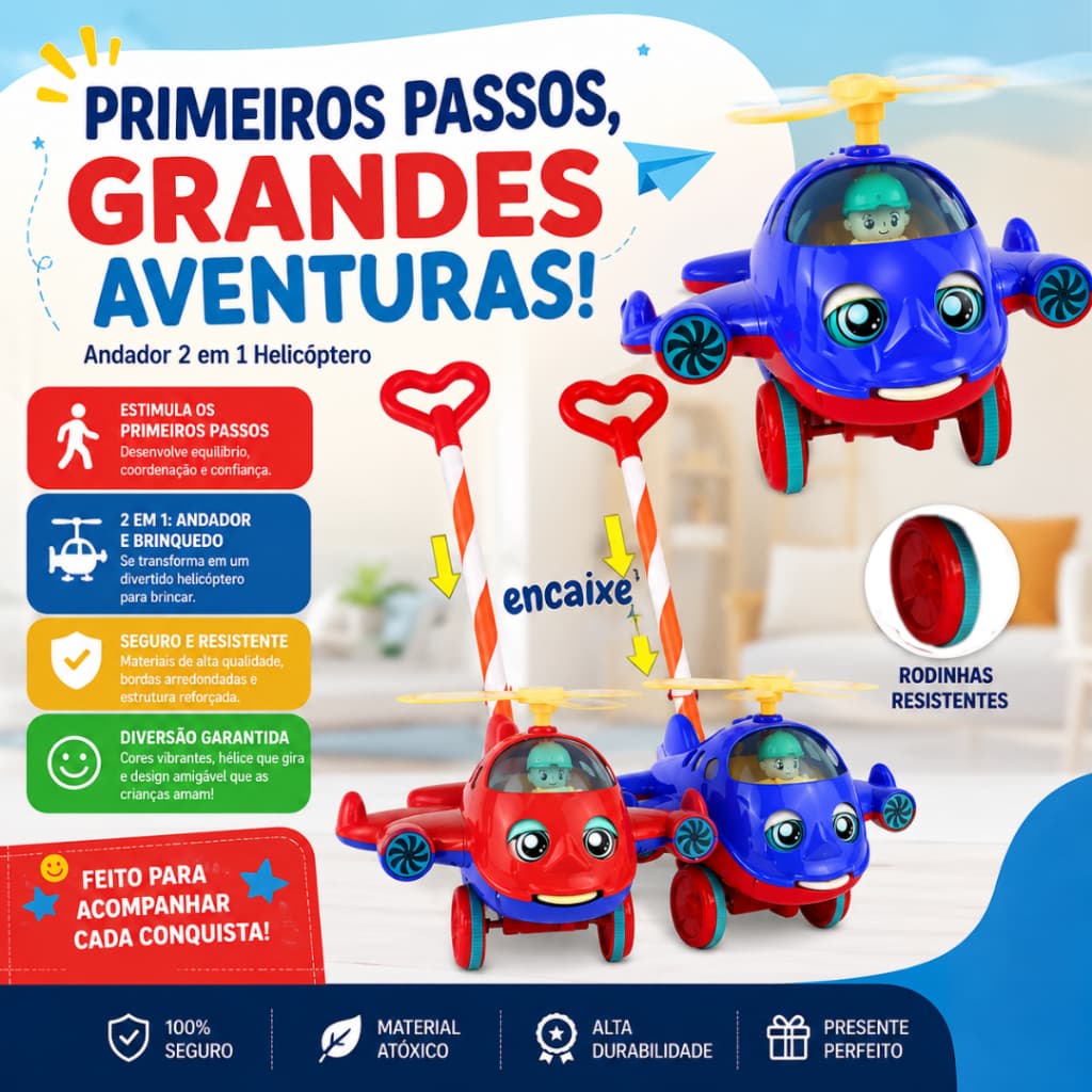 Helicóptero Aviãozinho Brinquedo De Empurrar Apoio Andador Bebê Criança