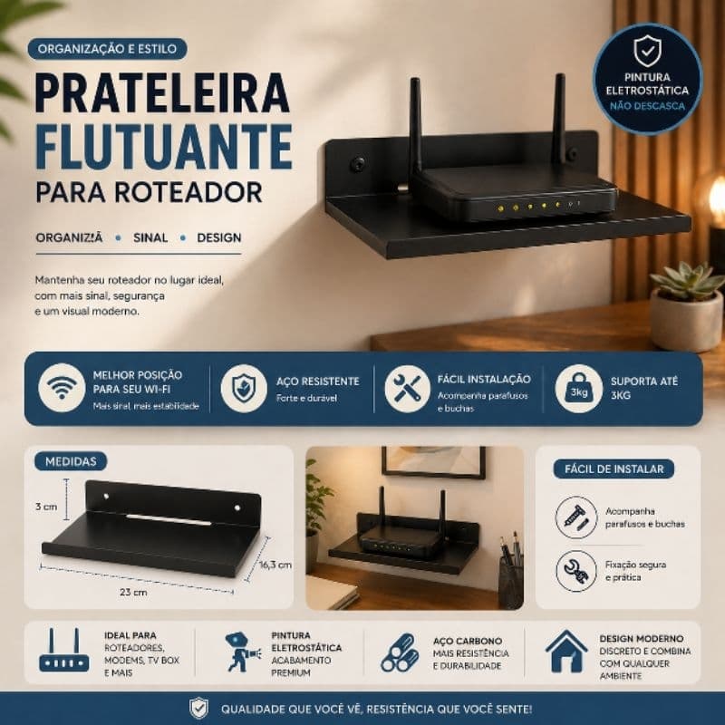 Suporte de Parede para Roteador Wi-Fi em Aço | Prateleira Suspensa Moderna | Resistente 3kg