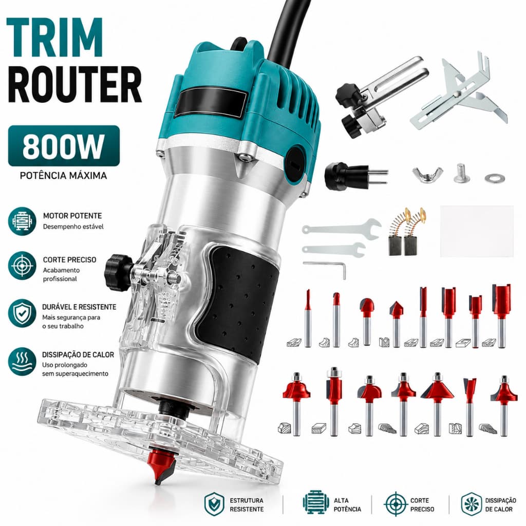 Tupia Manual 800W 6 Velocidades - Laminadora Profissional Bivolt com Jogo de Fresas 15 Peças