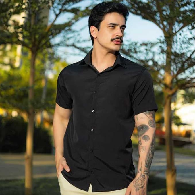 Camisa Social Masculina Com Elastano Manga Curta Não Amassa Slim