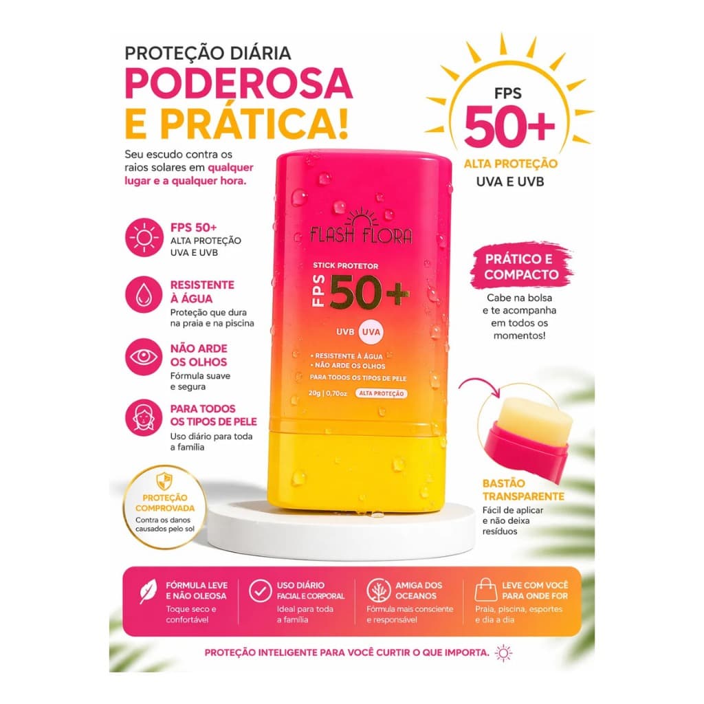 Protetor Solar FPS50+ Stick Protetor Formato de Bastão Flash Flora Resistente à Água
