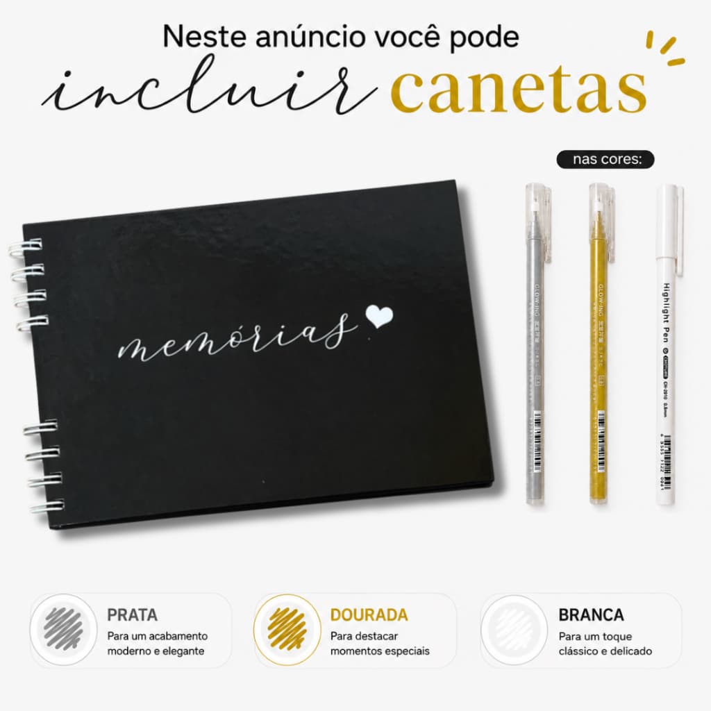 Caderno Scrapbook 15x21cm Preto Capa Dura Com Opção de Canetas de Gel | Álbum DIY Presente Criativo