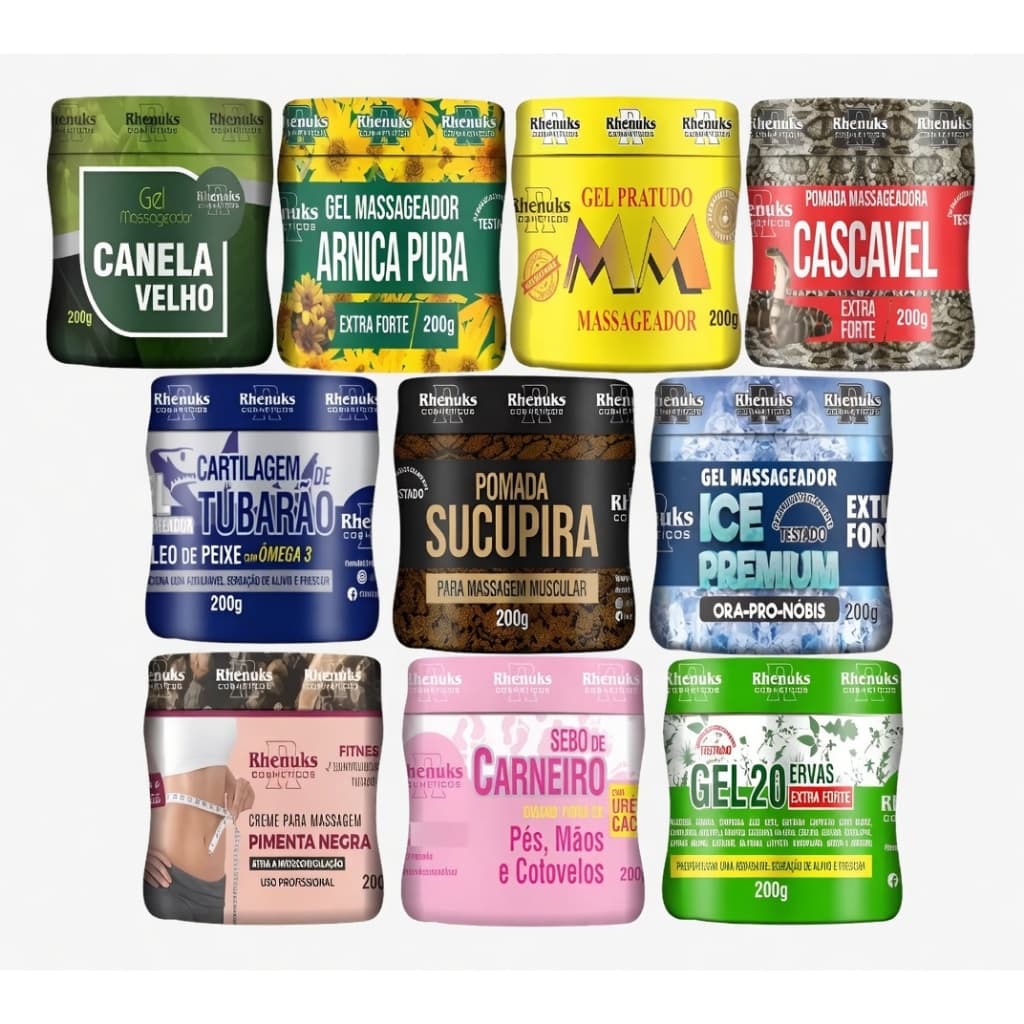 Kit 10 Pomadas Massageadoras Rhenuks Variadas - Extra Forte - Ideal para Uso Diário