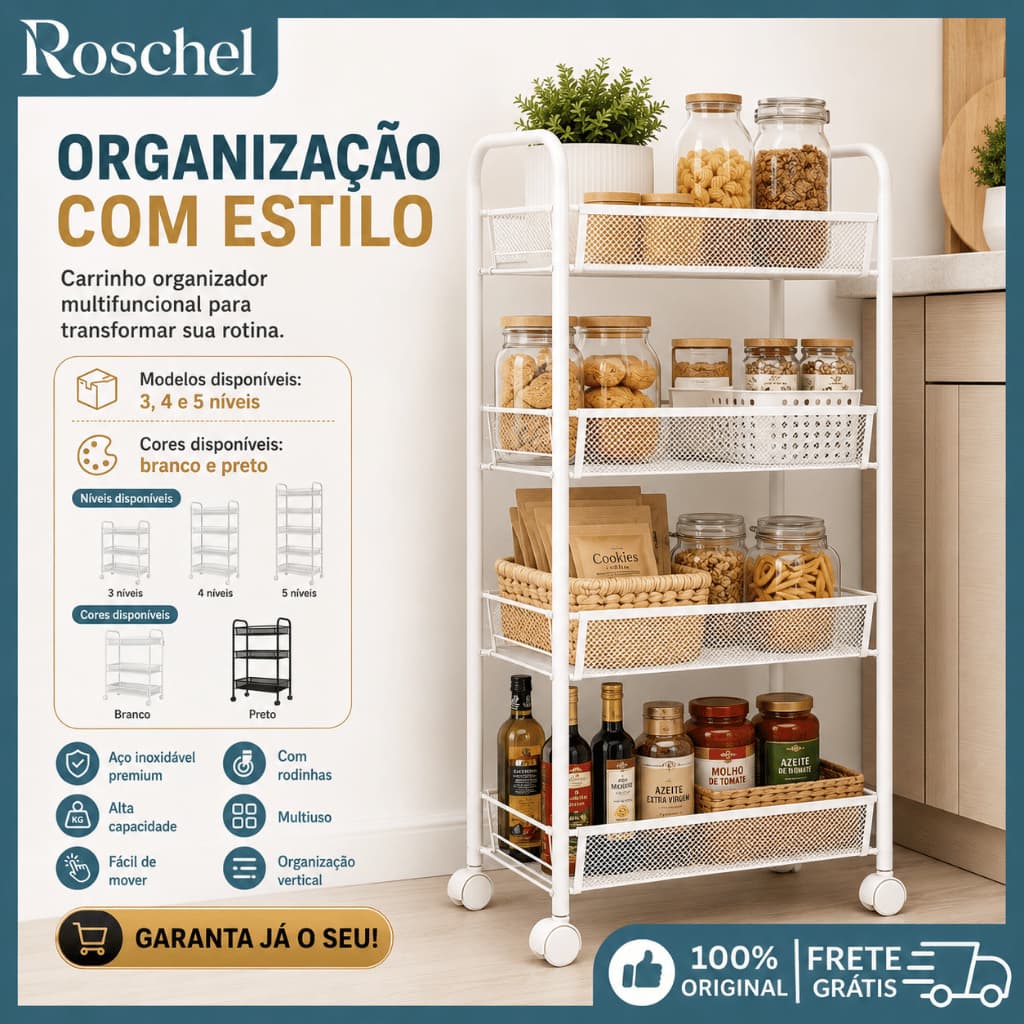 Carrinho Organizador De Aço Inox Multiuso 3/4/5 Níveis Com Rodinhas Para Cozinha Banheiro Quarto
