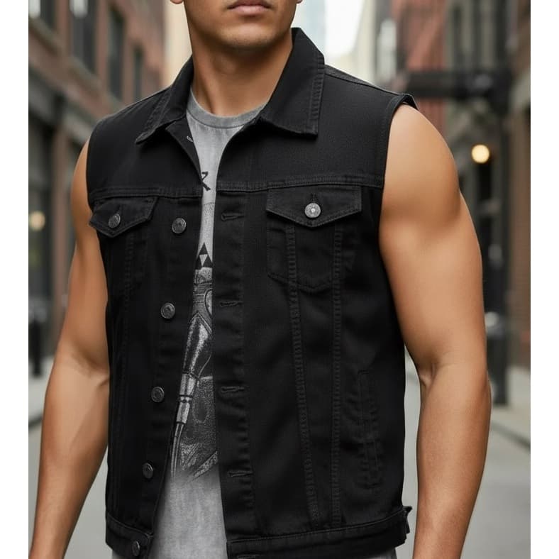 Colete Jeans Preto Masculino com 6 Bolsos + Cores