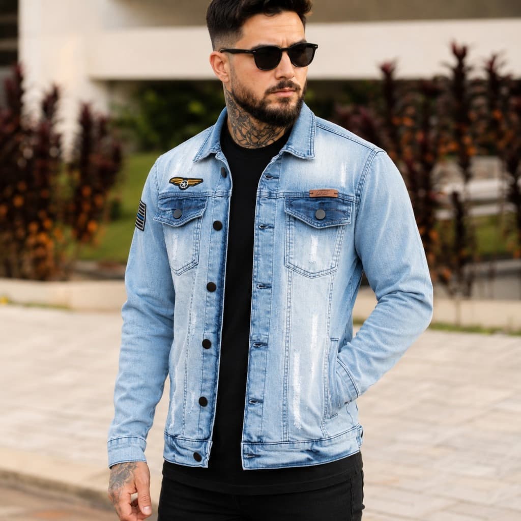 Jaqueta Jeans Masculina Destroyed Slim Fit Com Patches