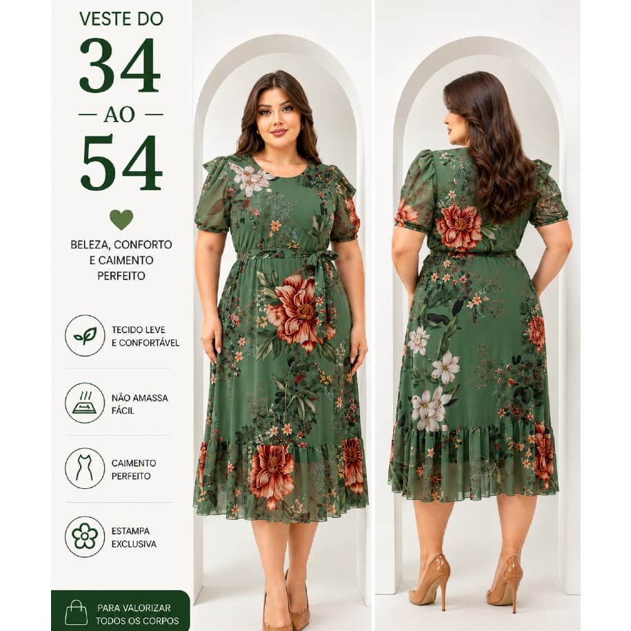 Vestido Midi Tule Estampado Plus Size Moda Evangelica Manga Bufante