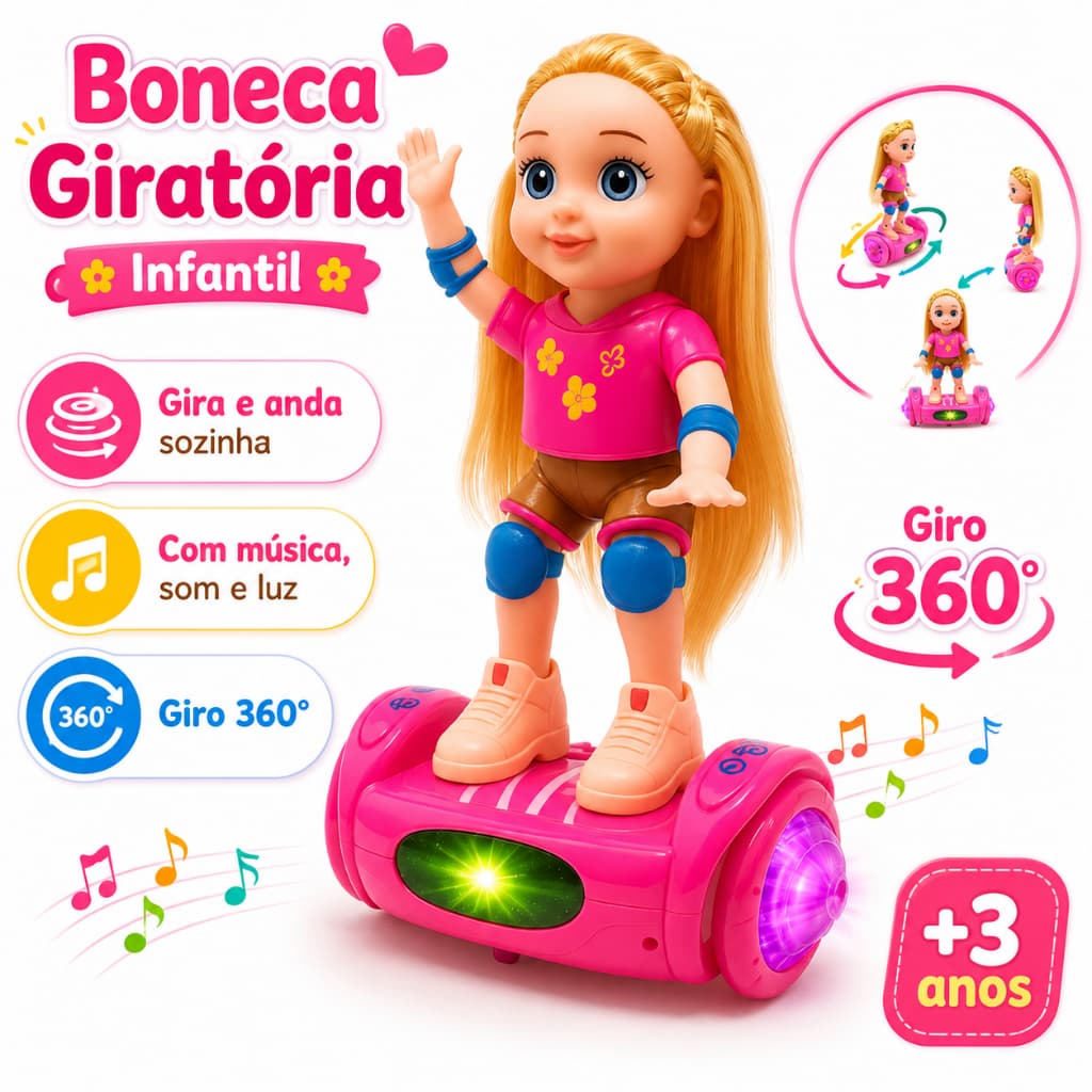 Boneca Giratória grande com Música, Som e Luz | Brinquedo Andador Eletrônico com Overboard Infantil