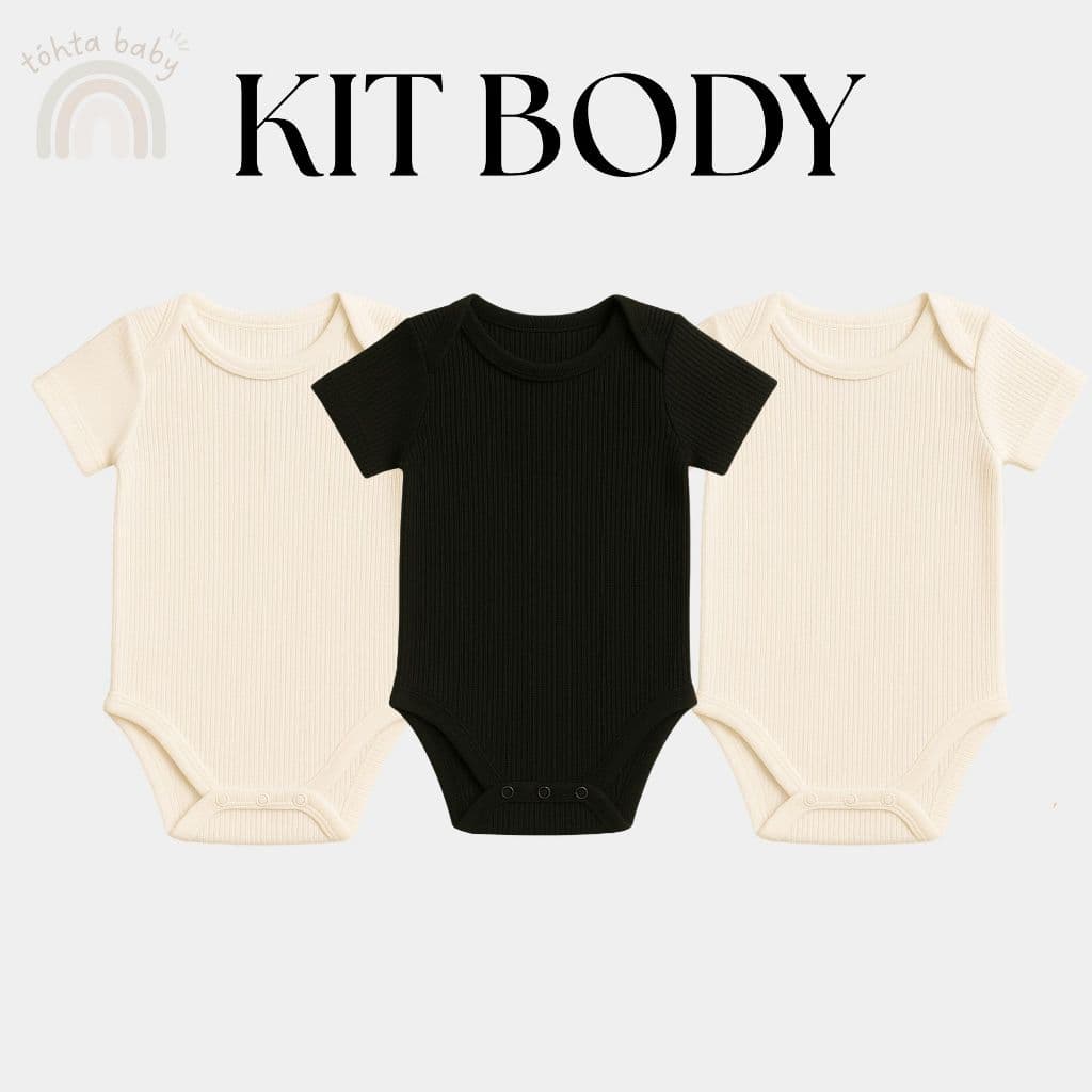Kit Body Bebê 3 Peças Algodão Suedine Canelado Neutro Liso Menina Menino Unissex Inverno Confortável Enxoval Frio