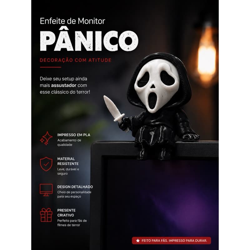 Enfeite de Monitor Prateleira Ghostface Pânico Miniatura Decoração Gamer Terror Geek