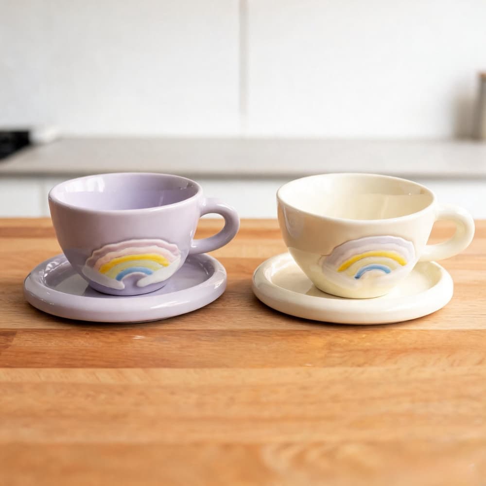 Xícara Grande Cerâmica Orgânica Arco Íris Com Pires 450ml Caneca Chá Café Fofa Mesa Posta Candy