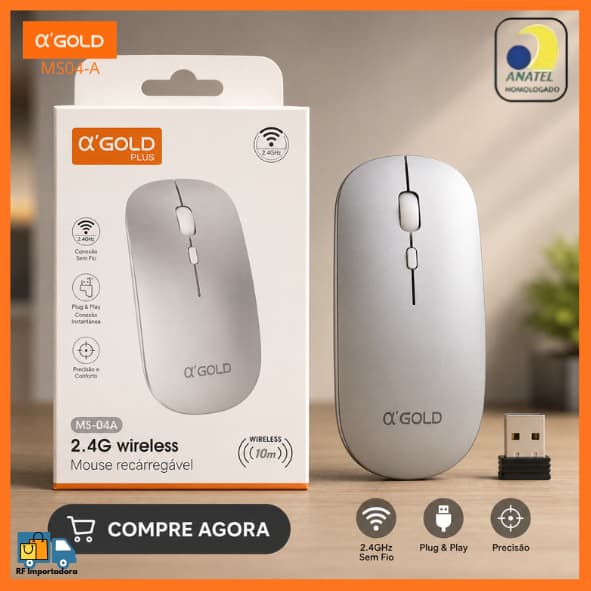 Mouse Sem Fio Com Receptor USB Interno Recarregável 2.4G Wireless 1600DPI MS-04A