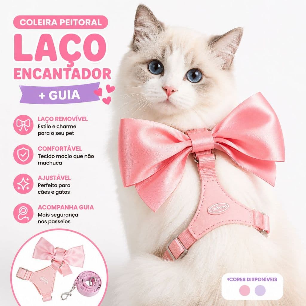 Coleira Colete anti-puxão  Confortável Peitoral com Laço e Guia para Cães e Gatos Fashion Pet Moda