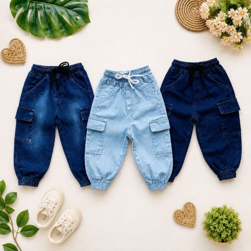 Calça Jeans Jogger e Cargo Bebê Infantil Bolso Lateral Elástico Cintura e Perna Menina e Menino