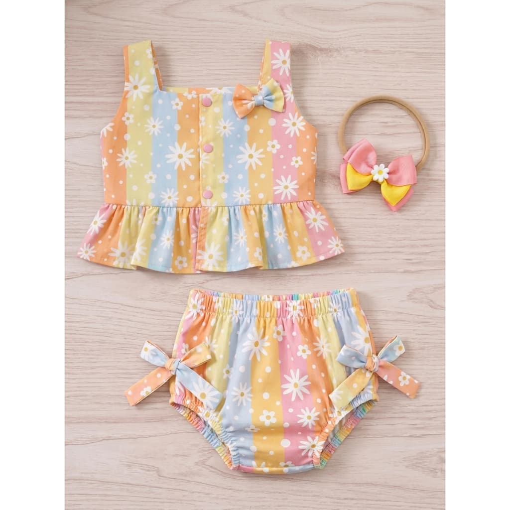 Conjunto Bebê Floral Margaridas Coloridas Cropped + Calcinha Tapa Fraldas + Laço na Faixa Infantil Feminino
